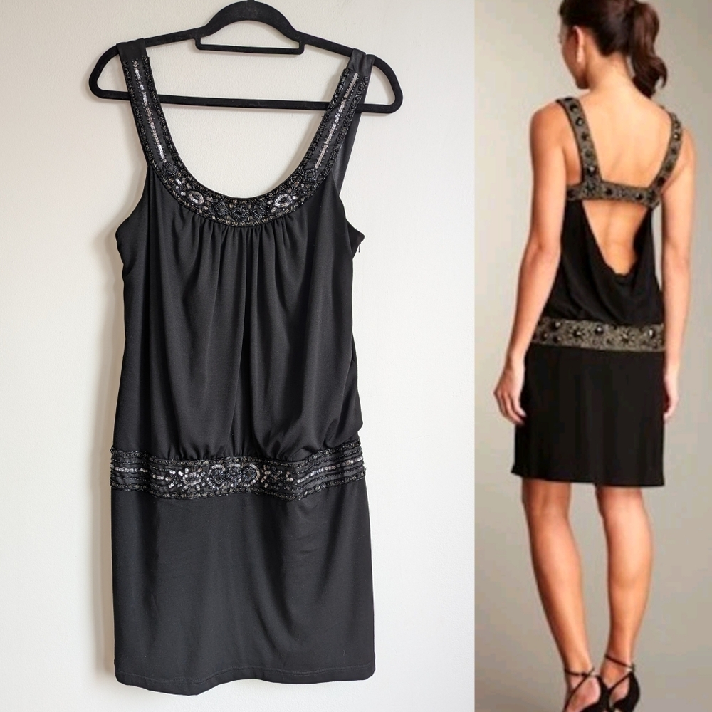 Vintage Y2K Sue Wong Black Beaded Scoop Back Blouson Mini Dress 12